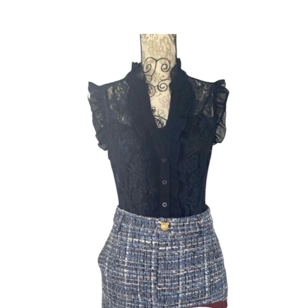 2/$20 - Costa Blanca Sheer Navy Blue Short Sleeve Sexy Lacy Summer Blouse - XS